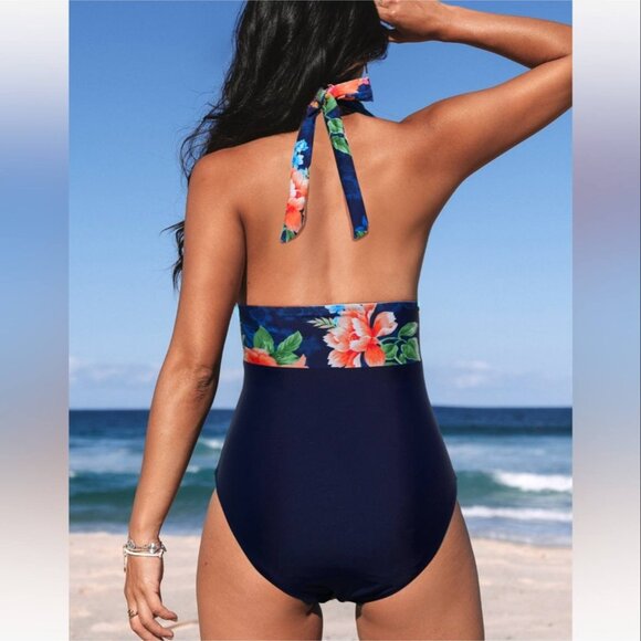 NWT Cupshe Boho Navy Blue Floral Halter Tummy Control‎ One-Piece Size Medium - Picture 3 of 9